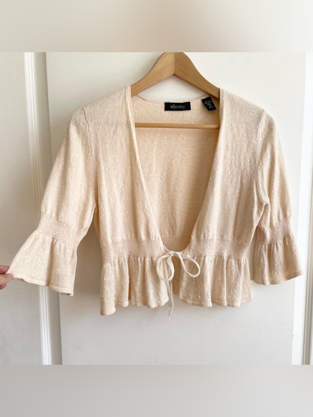 Vintage Y2K Silk Cotton Cropped Bolero Cardigan Sweater Sequins Ruffle M Fairy